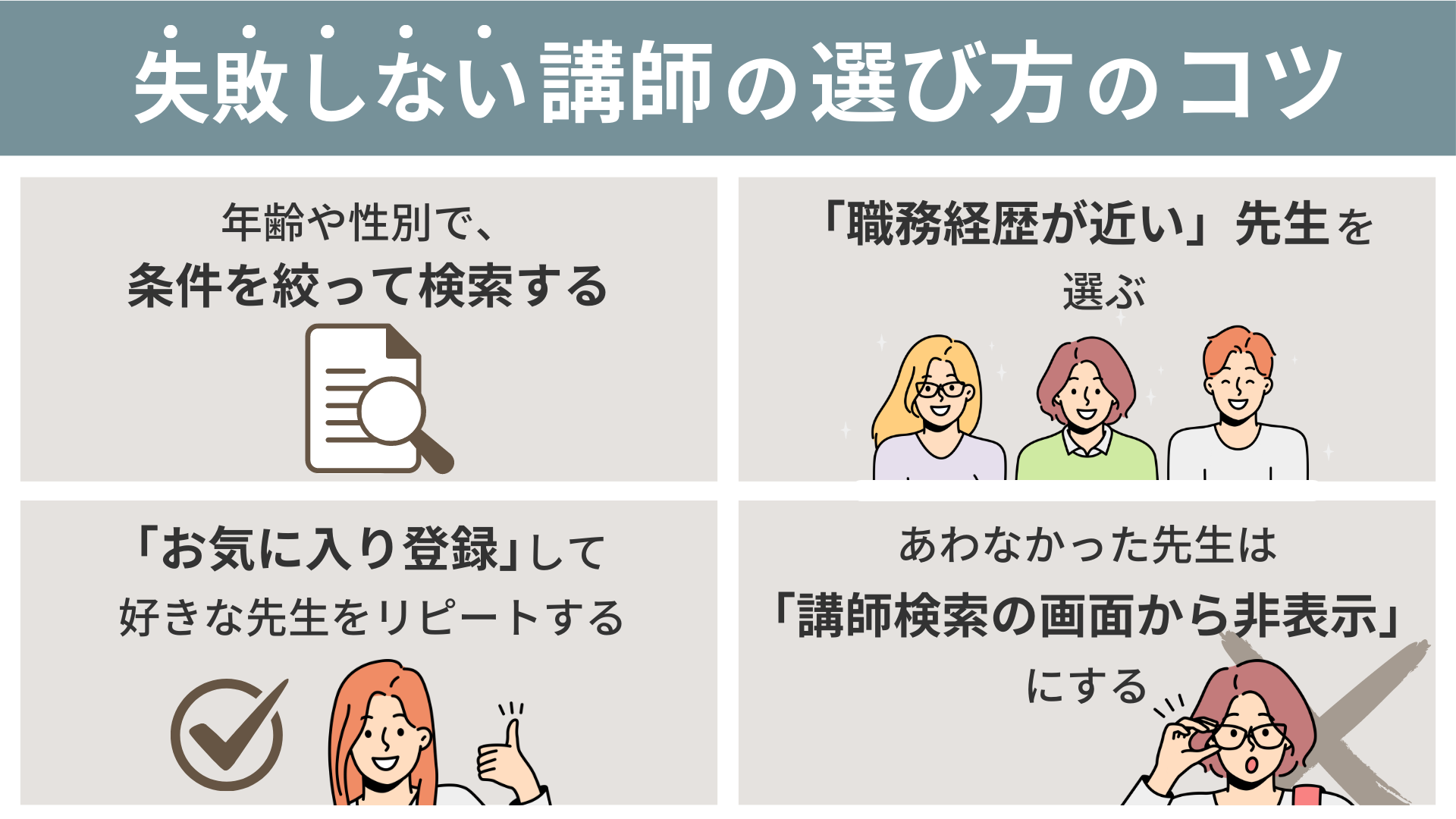 ビズメイツ（Bizmates）で良い講師を選ぶためのコツまとめ画像（英会話スクールセレクション）